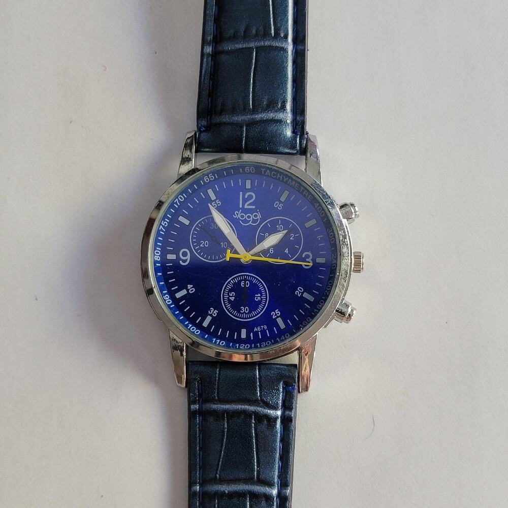 Sloggi A679 Mens Wristwatch Steel Silver Case Blue Dial 42mm Faux Leather Strap